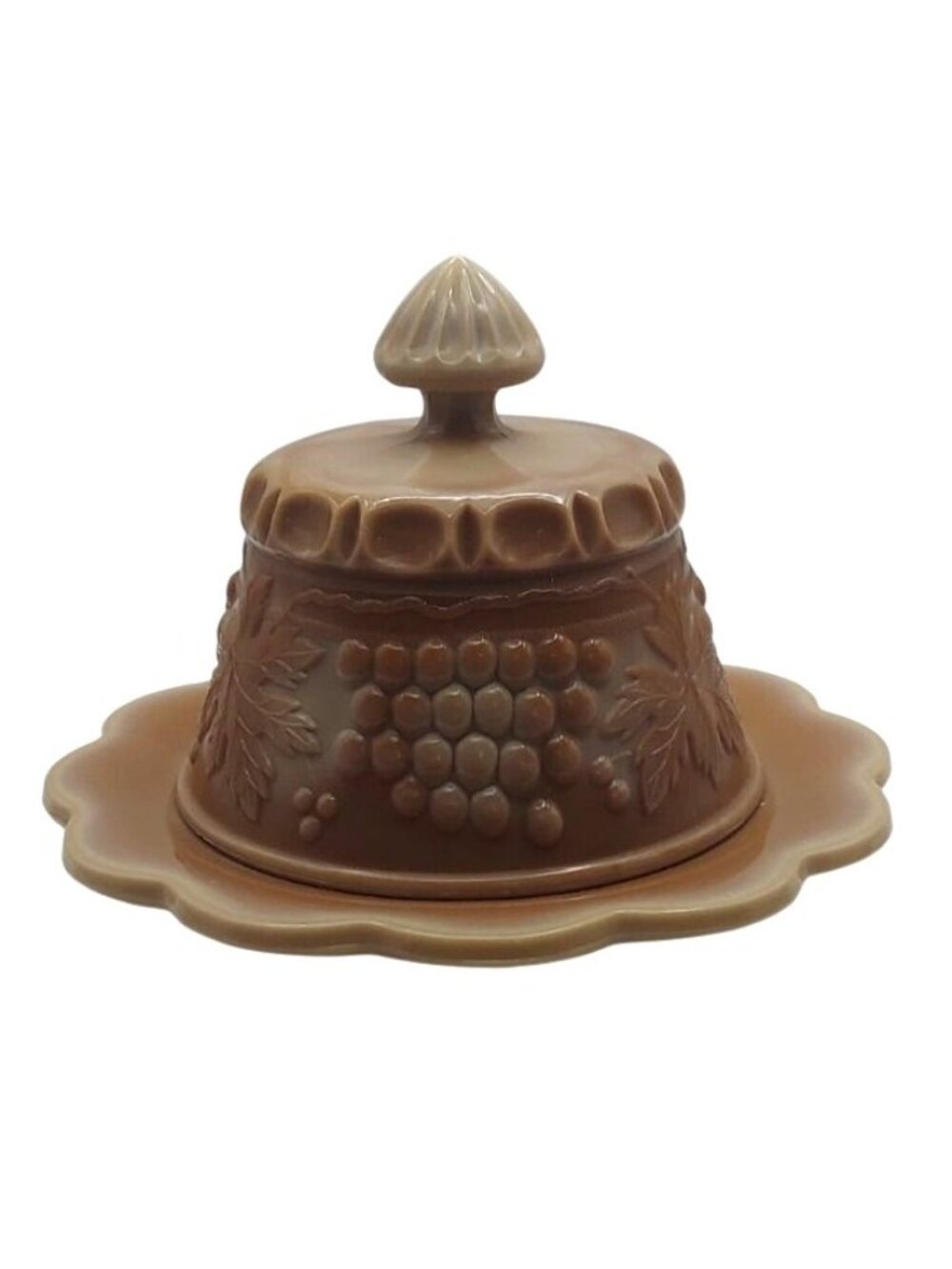 Mosser Chocolate Caramel Slag Glass Grape and Cable Covered Butter Dish Vintage